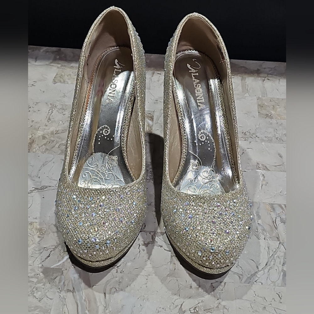 LaSonia Golden Glitter Formal Wedding‎ High Platform Stilettos Shoes Heels Sz 9 - Picture 3 of 11